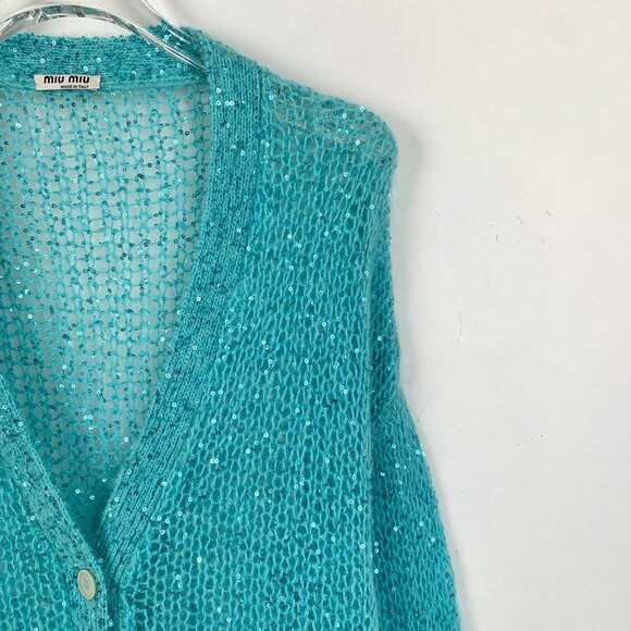 Miu Miu Blue Sequined Mohair Blend V-Neck Button-Up Cardigan Sweater Size S Made - Picture 3 of 8